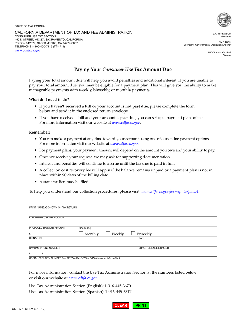 Form CDTFA-126 Paying Your Consumer Use Tax Amount Due - California, Page 1