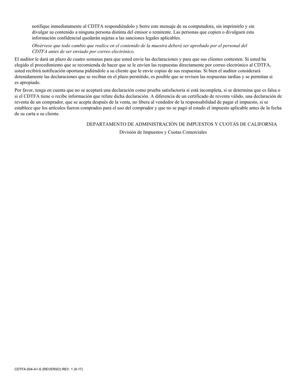 Formulario CDTFA-504-A1-S Uso Del Procedimiento De La Carta xyz Para Verificar Las Ventas Reclamadas Para Reventa - California (Spanish), Page 2
