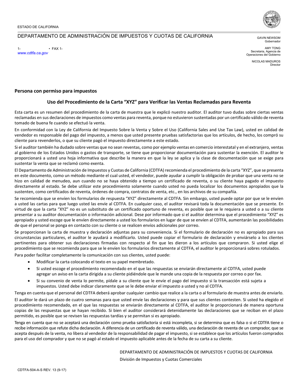 Formulario CDTFA-504-A-S Uso Del Procedimiento De La Carta xyz Para Verificar Las Ventas Reclamadas Para Reventa - California (Spanish), Page 1