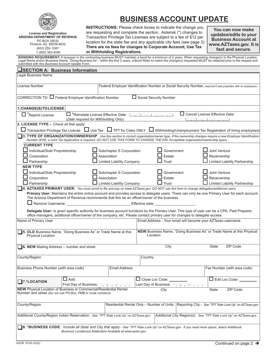 Form ADOR10193 Download Fillable PDF or Fill Online Business Account ...