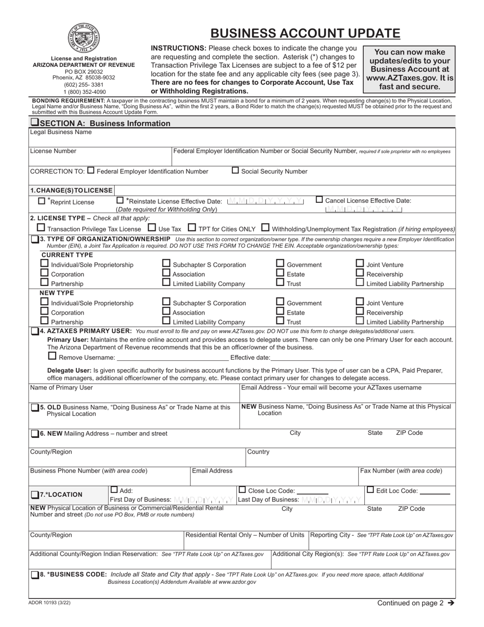 Form ADOR10193 Business Account Update - Arizona, Page 1