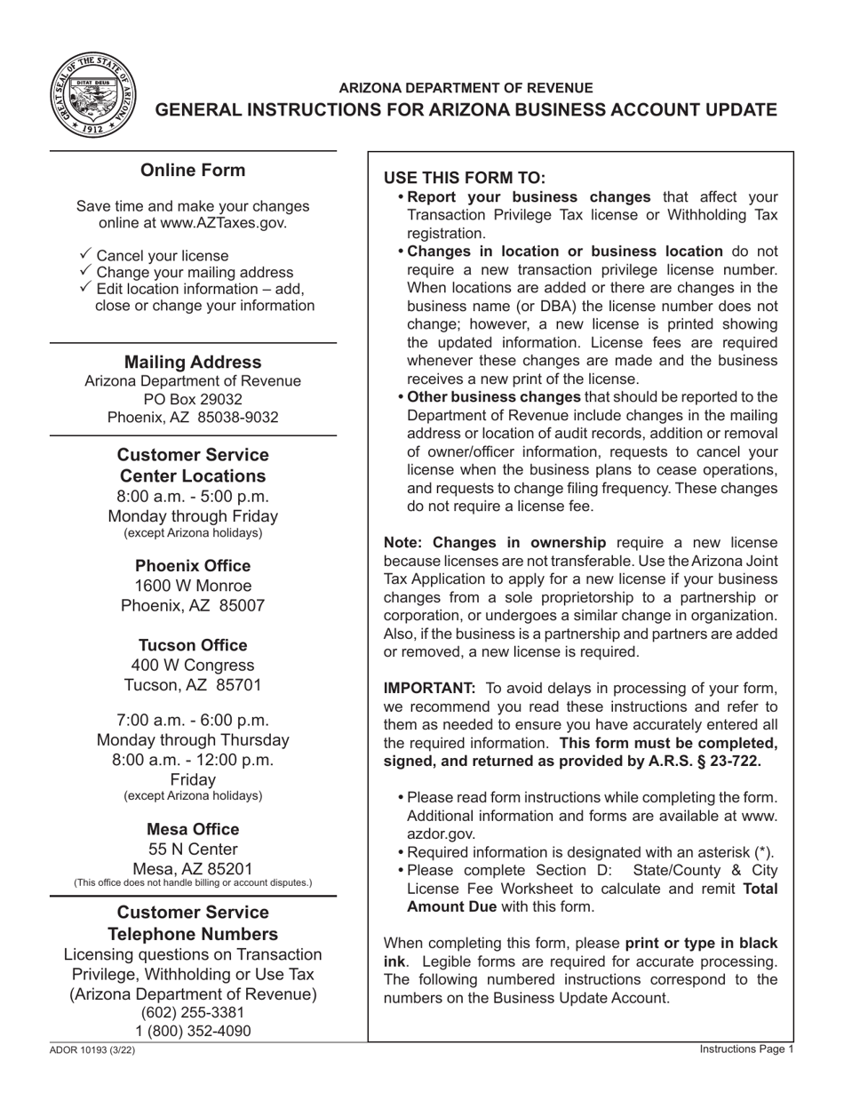 Form ADOR10193 Business Account Update - Arizona, Page 4