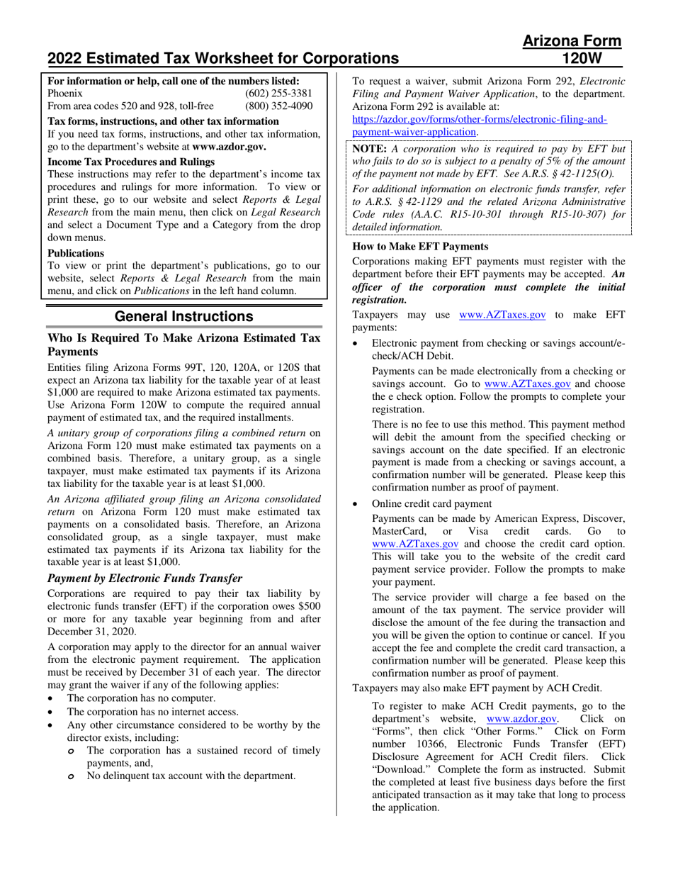 Download Instructions for Arizona Form 120W, ADOR10551 Estimated Tax