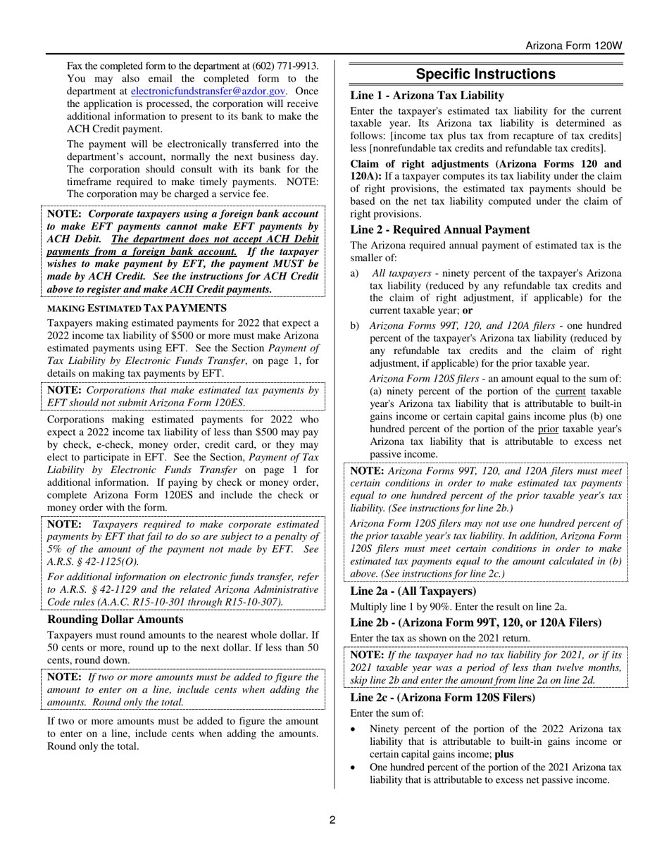 Download Instructions For Arizona Form 120w Ador10551 Estimated Tax Worksheet For Corporations 3582