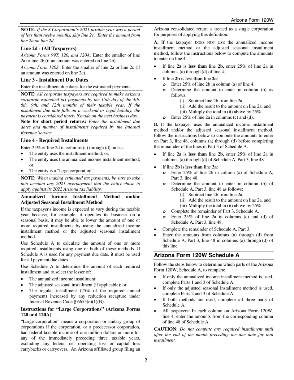 Download Instructions for Arizona Form 120W, ADOR10551 Estimated Tax