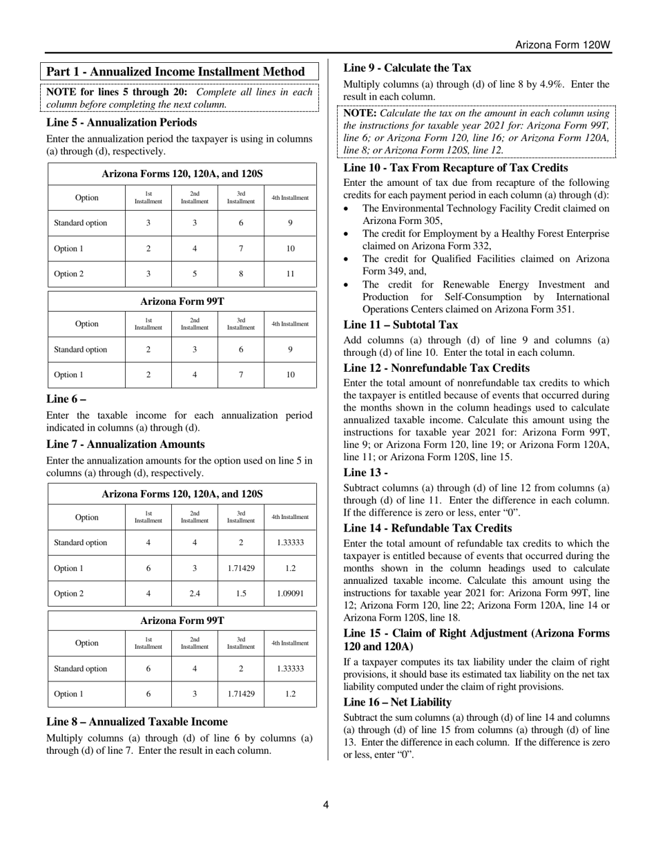 Instructions for Arizona Form 120W, ADOR10551 Estimated Tax Worksheet for Corporations - Arizona, Page 4