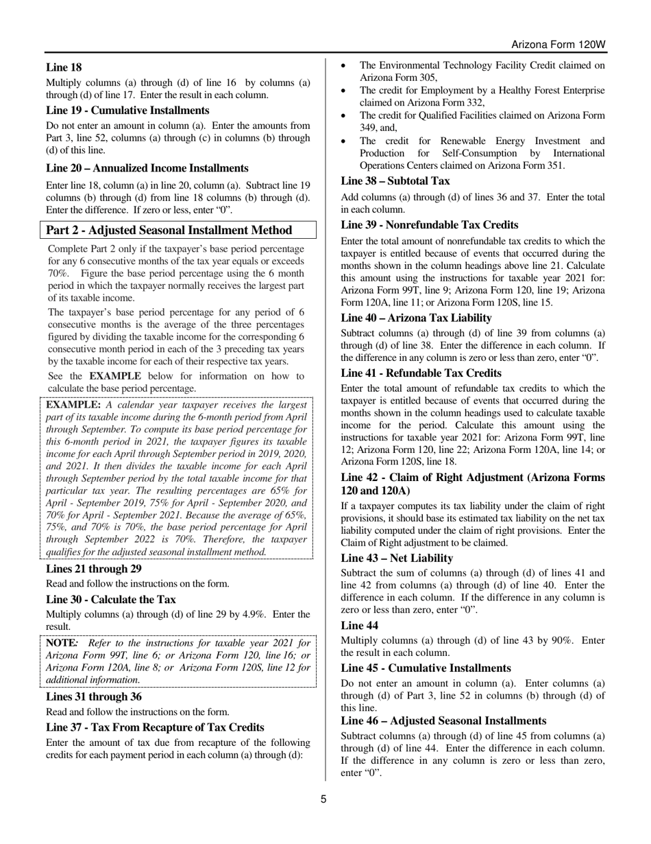 Instructions for Arizona Form 120W, ADOR10551 Estimated Tax Worksheet for Corporations - Arizona, Page 5