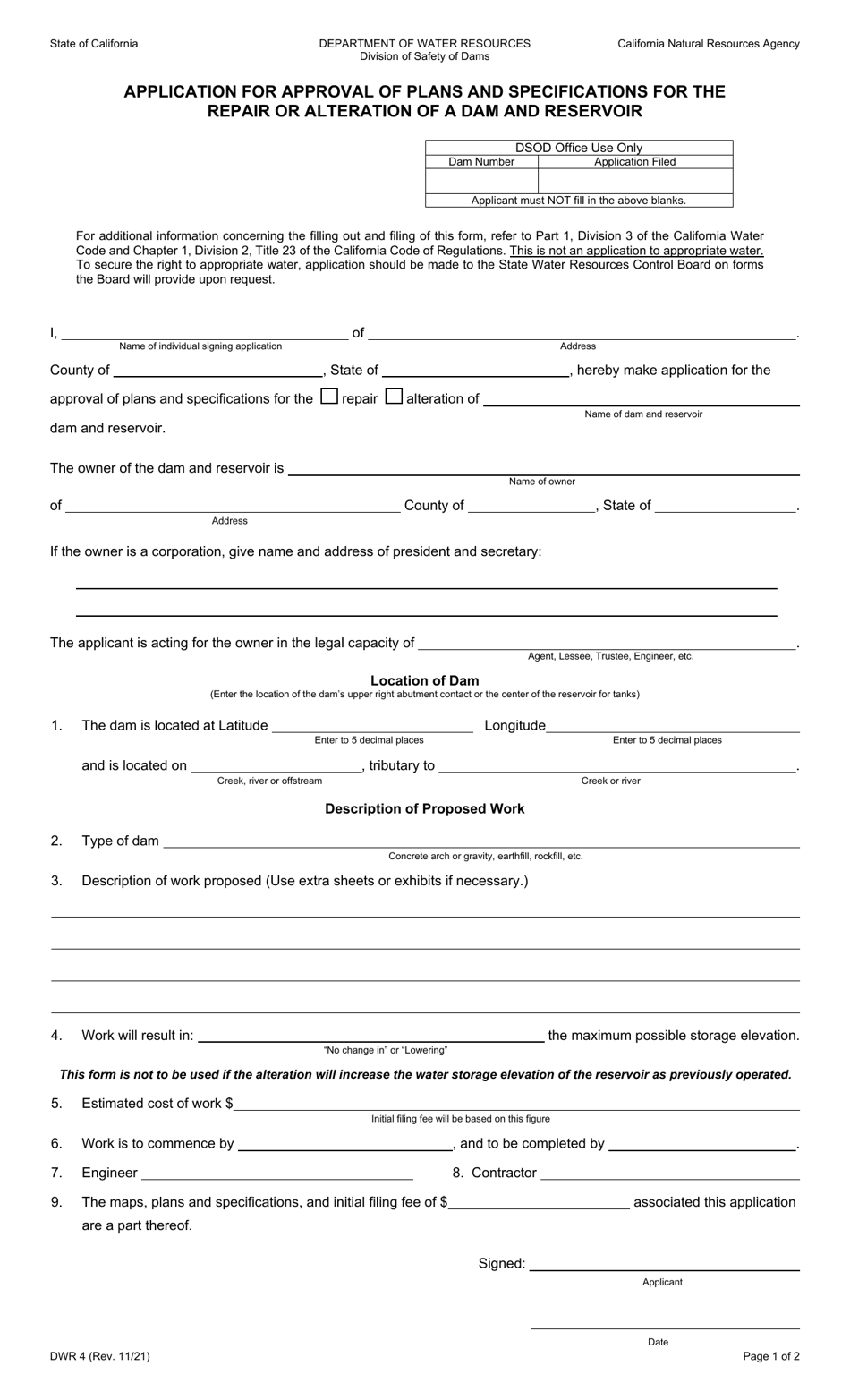 Form DWR4 Download Fillable PDF or Fill Online Application for Approval ...