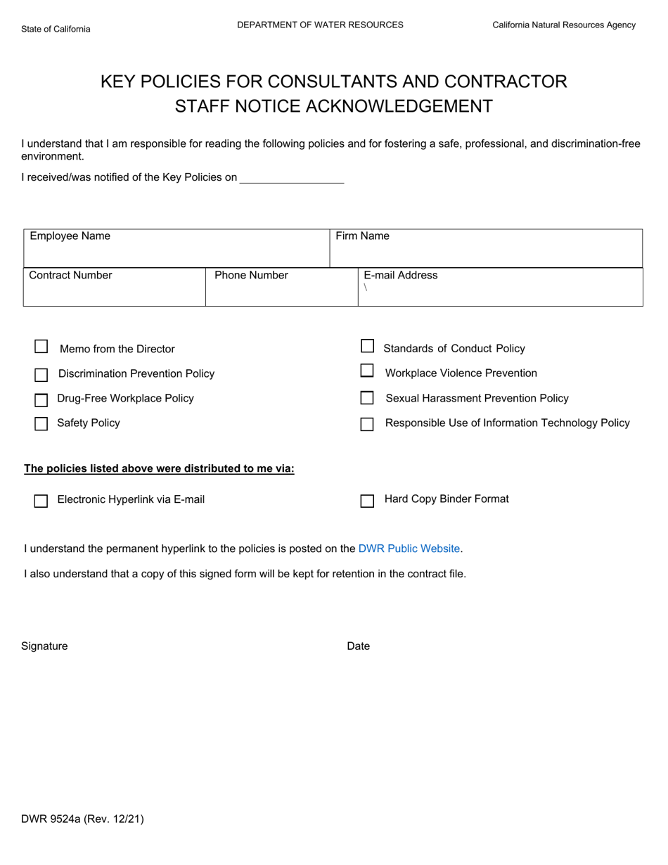 Form DWR9524A Key Policies for Consultants and Contractor Staff Notice Acknowledgement - California, Page 1