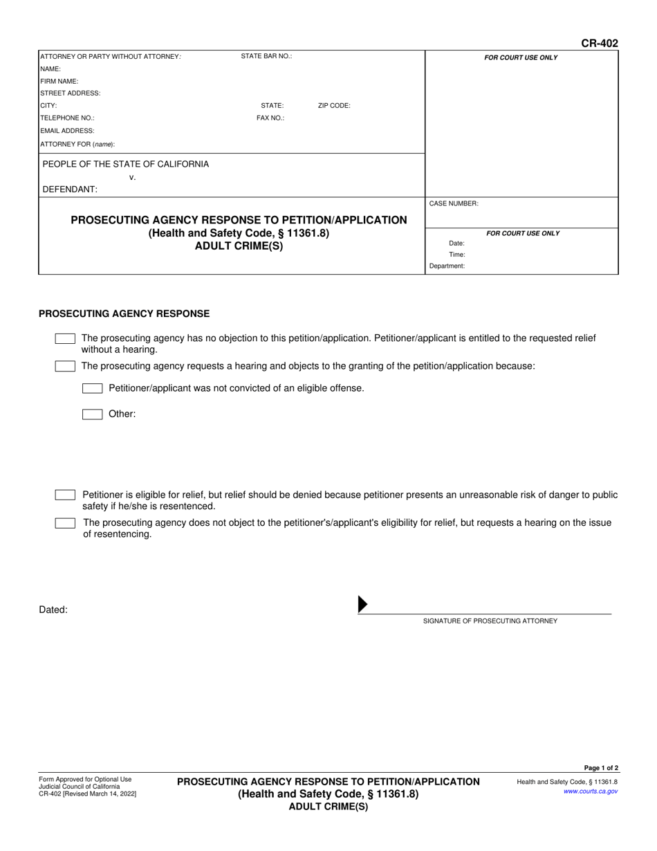 Form CR-402 Prosecuting Agency Response to Petition / Application (Health and Safety Code, 11361.8) - Adult Crime(S) - California, Page 1