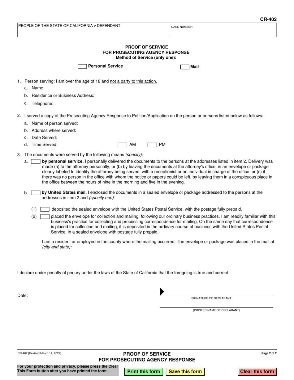 Form CR-402 Prosecuting Agency Response to Petition / Application (Health and Safety Code, 11361.8) - Adult Crime(S) - California, Page 2
