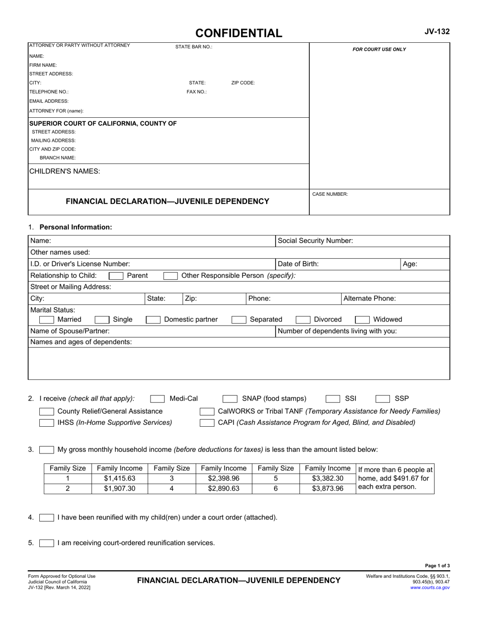Form JV-132 Financial Declaration - Juvenile Dependency - California, Page 1