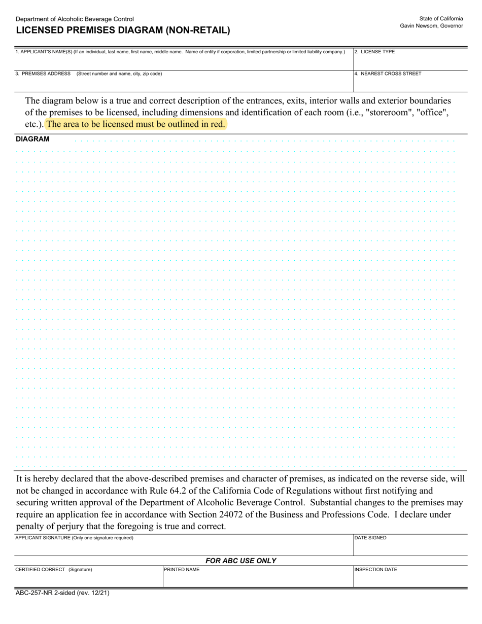 Form ABC-257 Licensed Premises Diagram (Non-retail) - California, Page 1
