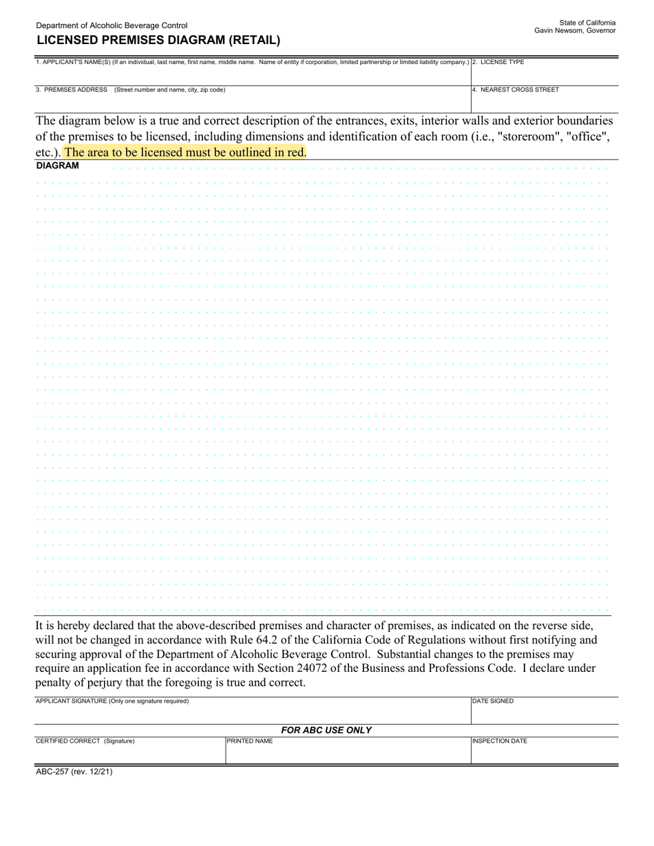 Form ABC-257 Licensed Premises Diagram (Retail) - California, Page 1