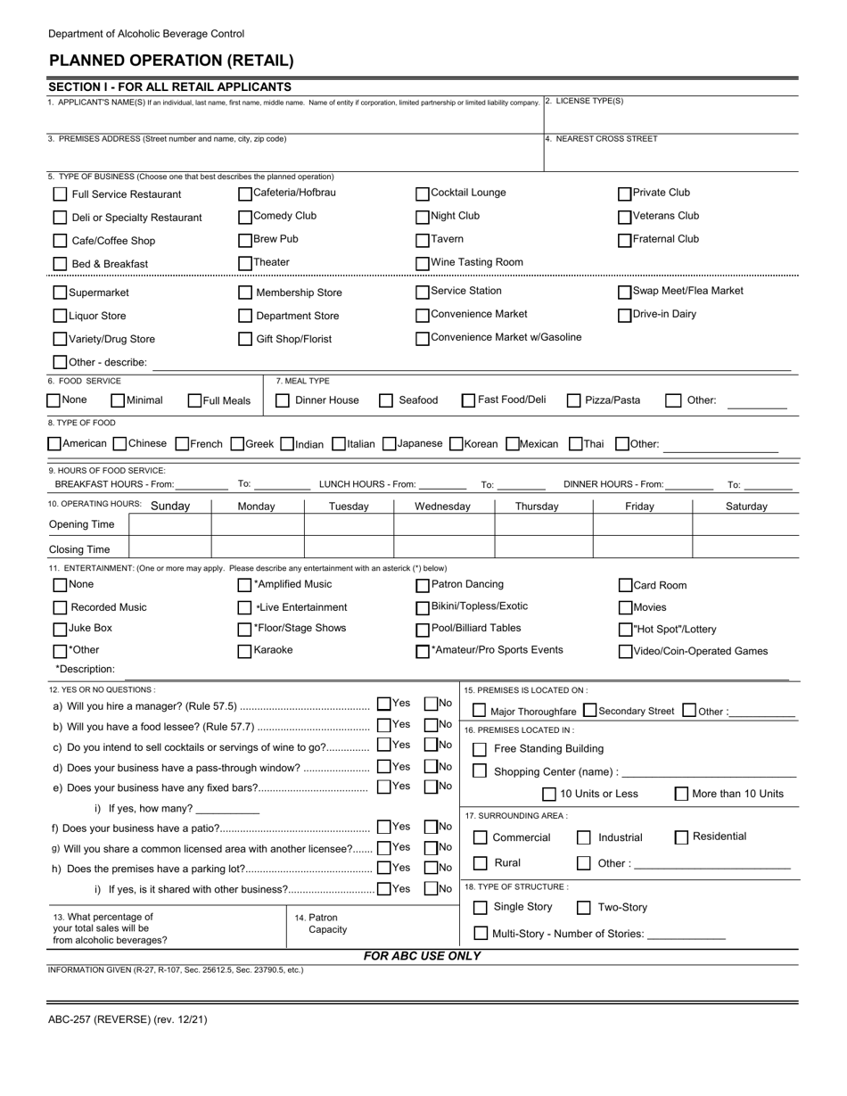 Form ABC-257 Download Fillable PDF or Fill Online Licensed Premises ...