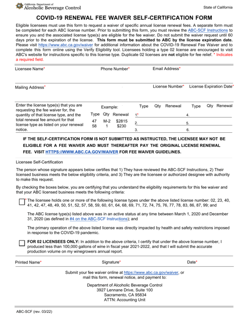 Form ABC-SCF Covid-19 Renewal Fee Waiver Self-certification Form - California