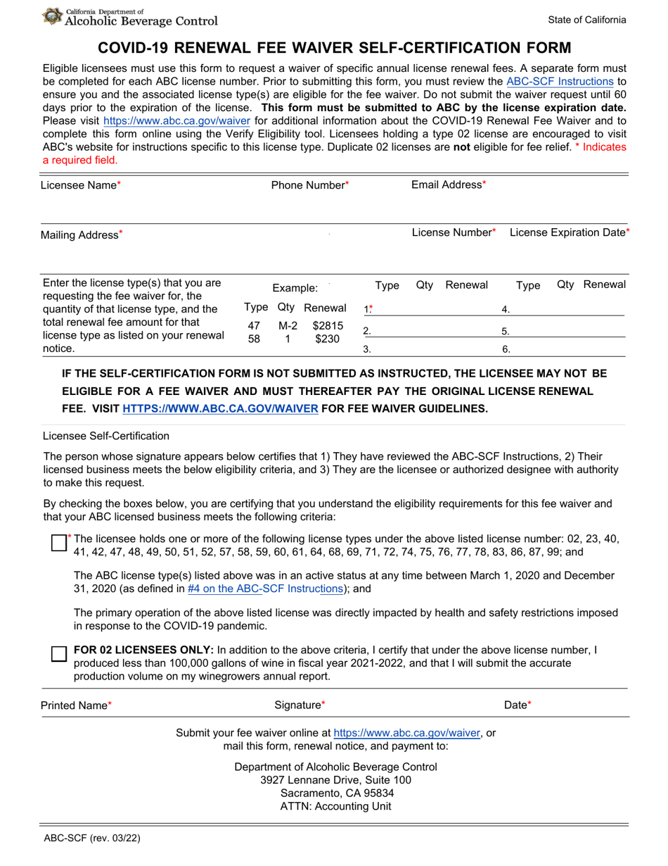 Form ABC-SCF Covid-19 Renewal Fee Waiver Self-certification Form - California, Page 1
