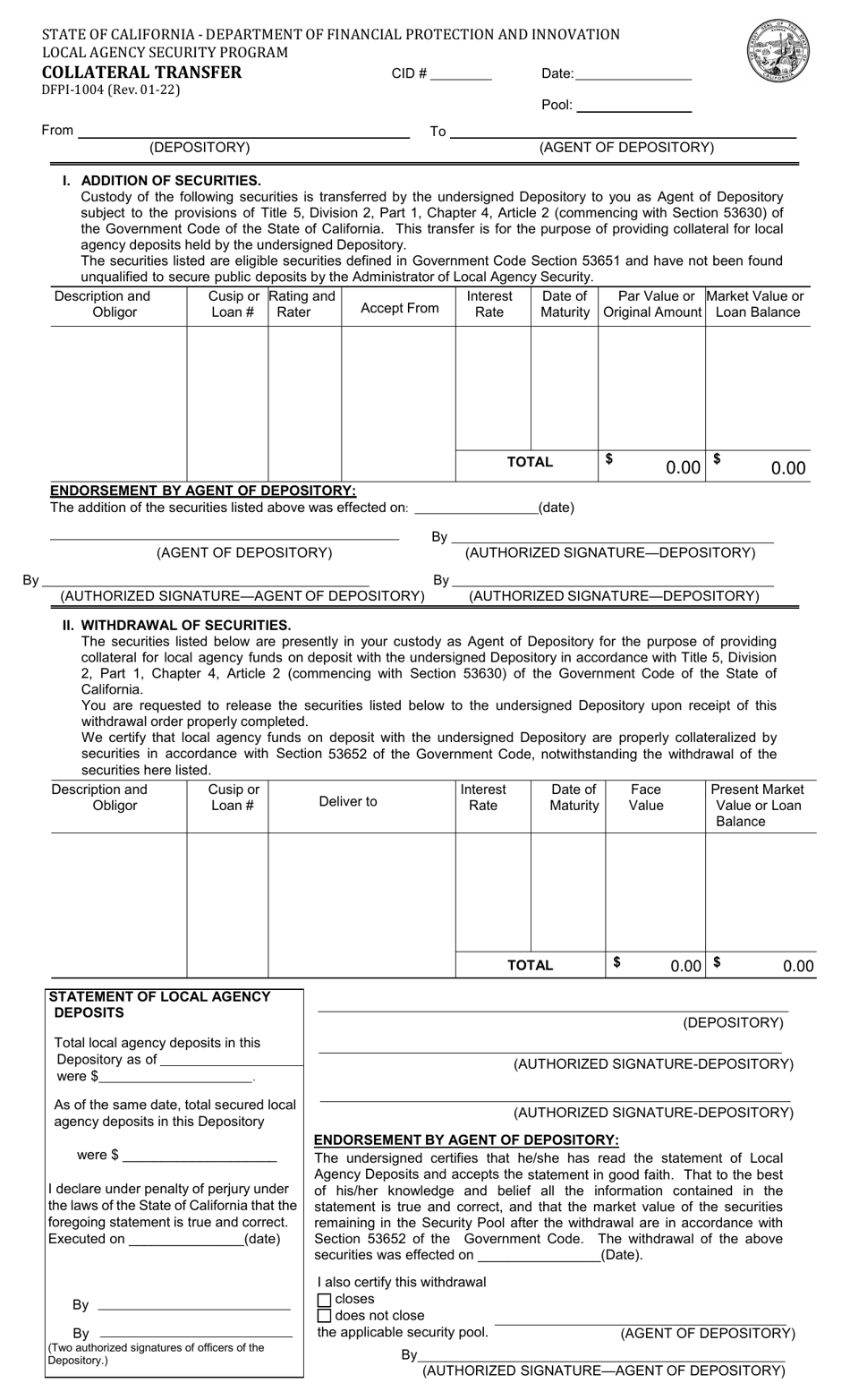 Form DFPI-1004 Collateral Transfer - Local Agency Security Program - California, Page 1