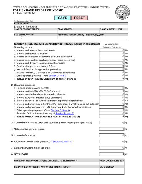 Form DFPI-523 Foreign Bank Report of Income - California