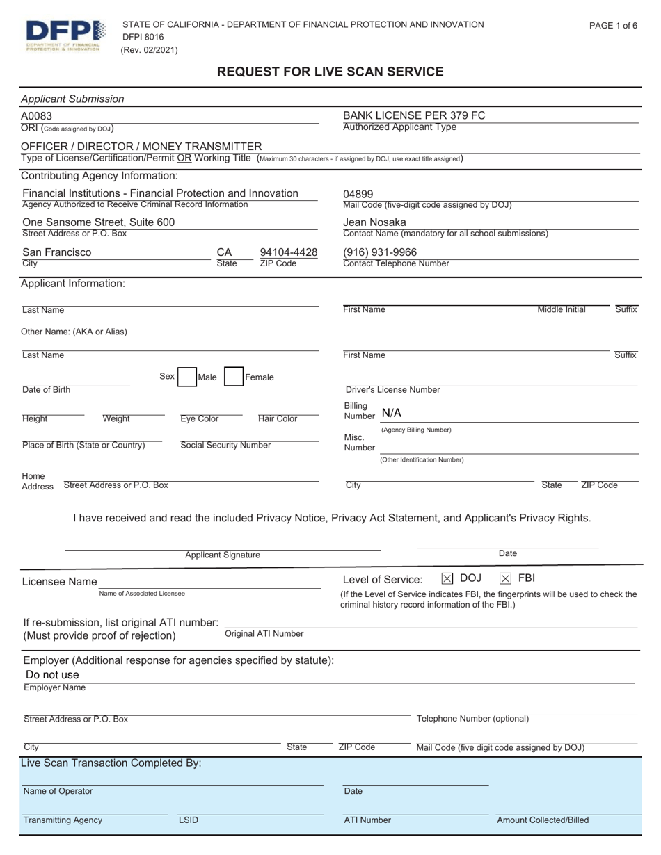 Form DFPI-8016 Request for Live Scan Service - Commercial Bank - California, Page 1
