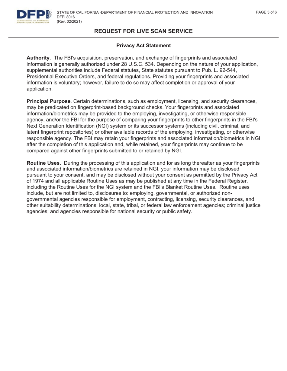 Form DFPI-8016 Request for Live Scan Service - Commercial Bank - California, Page 3