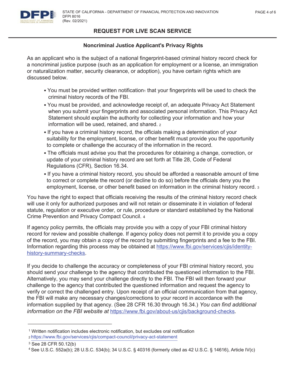 Form DFPI-8016 Request for Live Scan Service - Commercial Bank - California, Page 4