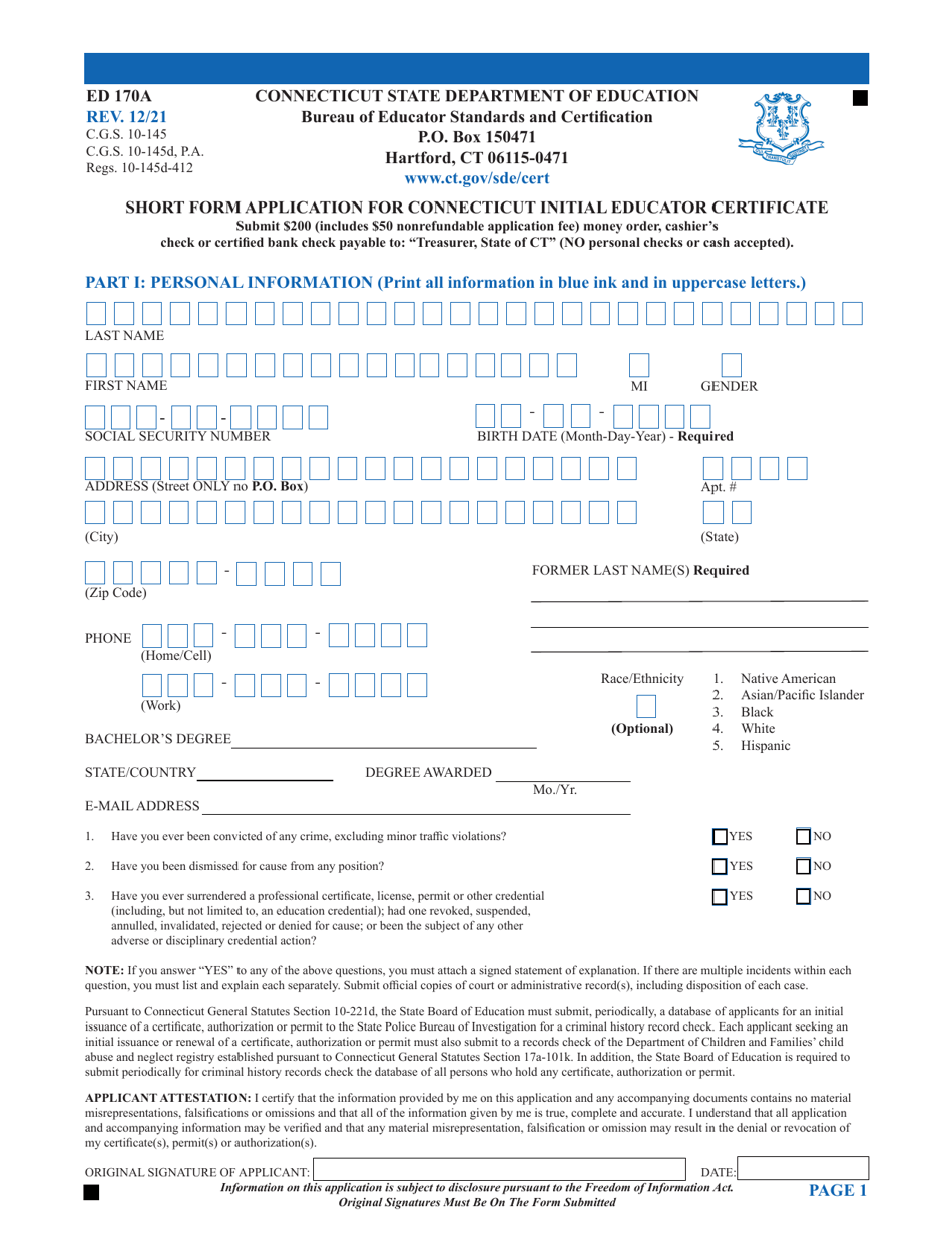 Form ED170A Short Form Application for Connecticut Initial Educator Certificate - Connecticut, Page 1