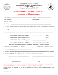 Document preview: Form ADPH-RAD-96 Radiation Safety Training Certificate for Servicers of X-Ray Equipment - Alabama