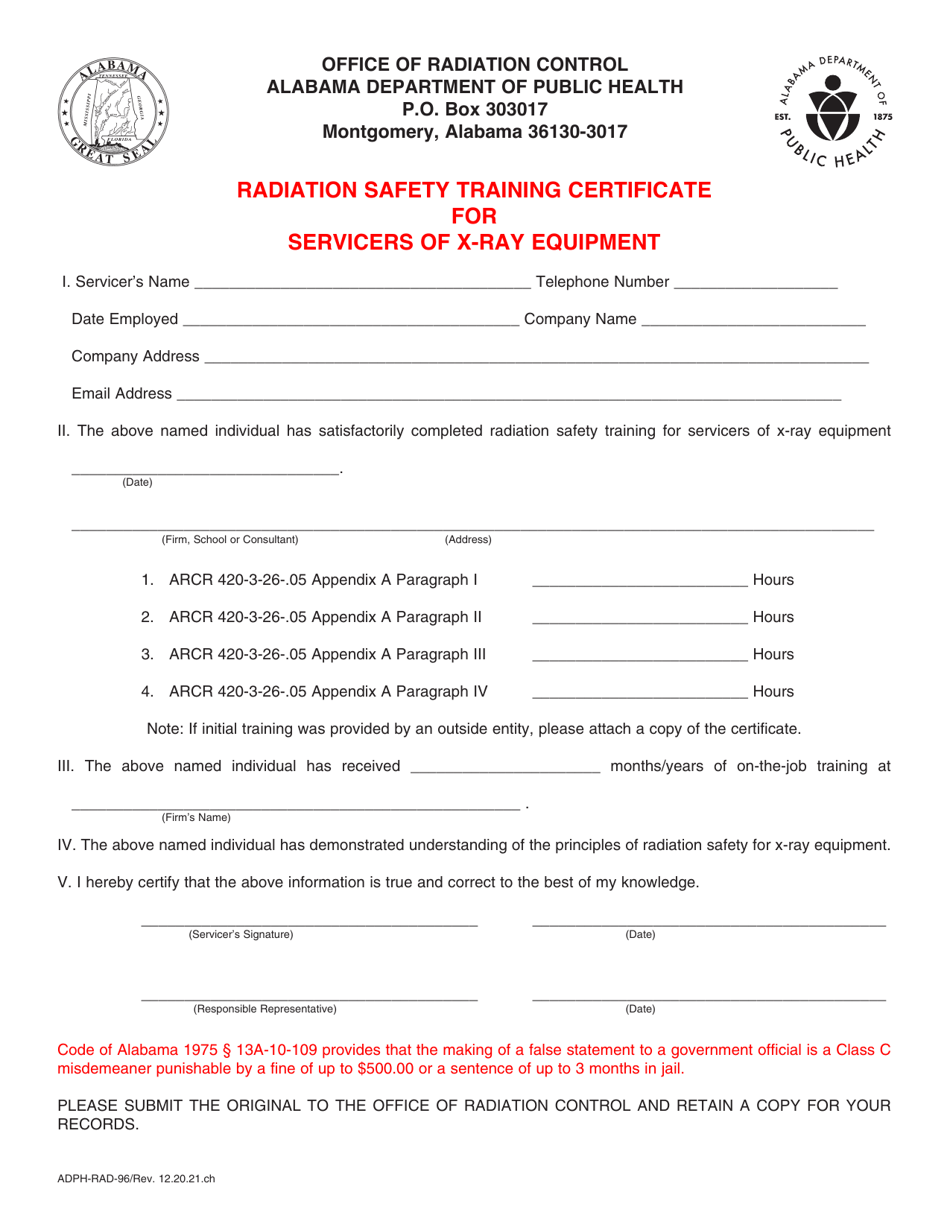 Form ADPH-RAD-96 Radiation Safety Training Certificate for Servicers of X-Ray Equipment - Alabama, Page 1