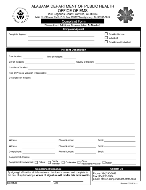 Office of EMS Complaint Form - Alabama Download Pdf