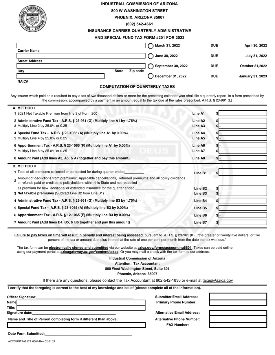 Form 201 (Accounting ICA6601) Insurance Carrier Quarterly Administrative and Special Fund Tax Form - Arizona, Page 1