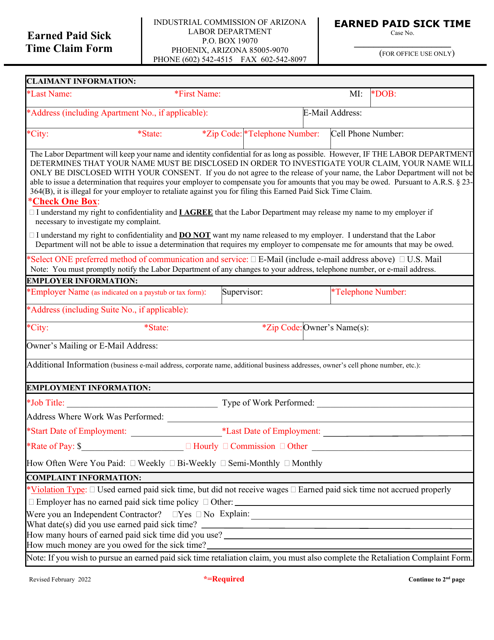 Form Labor_3305 Earned Paid Sick Time Claim Form - Arizona