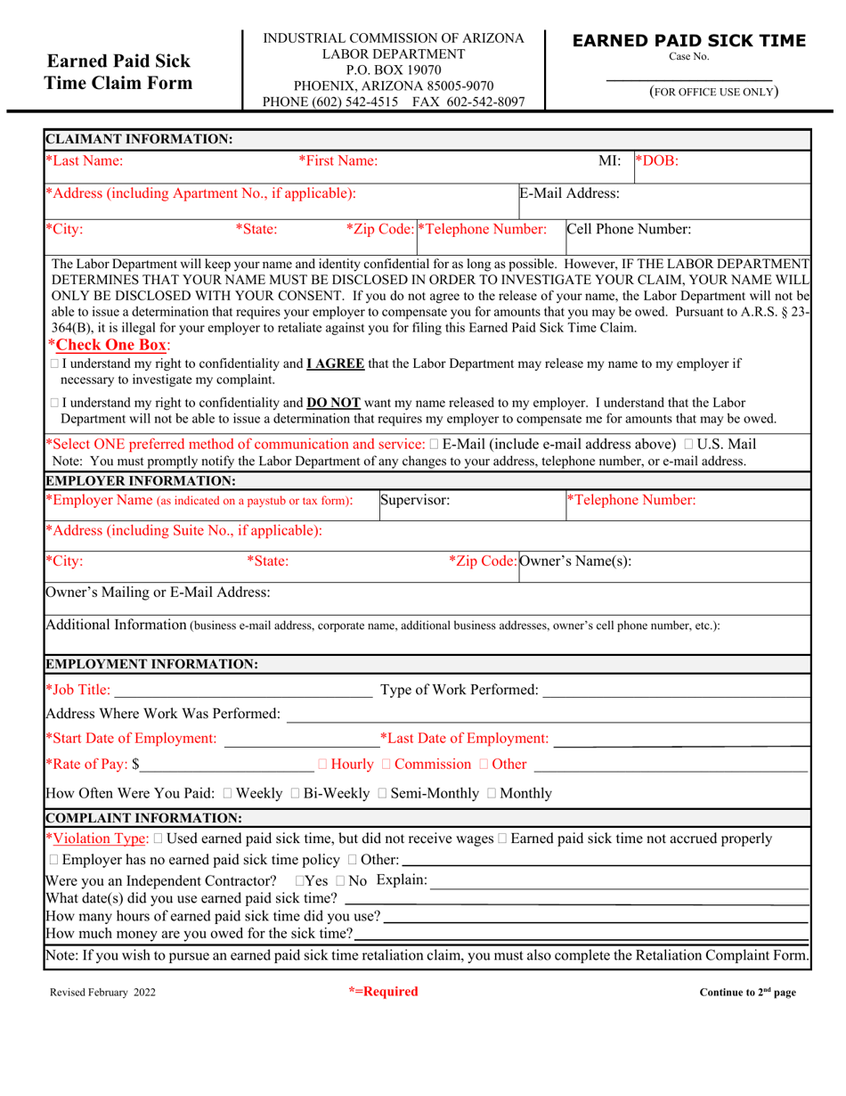 Form Labor_3305 Earned Paid Sick Time Claim Form - Arizona, Page 1