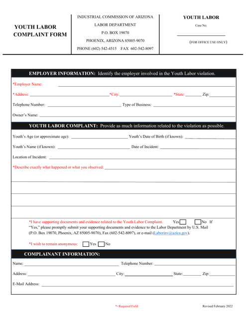 Form Labor_3306 Youth Labor Complaint Form - Arizona