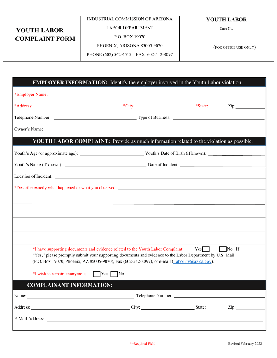 Form Labor_3306 Youth Labor Complaint Form - Arizona, Page 1