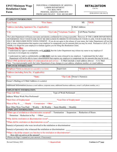 Form Labor_3307 Epst/Minimum Wage Retaliation Claim Form - Arizona