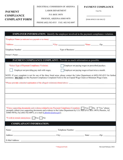 Form Labor_3304 Payment Compliance Complaint Form - Arizona