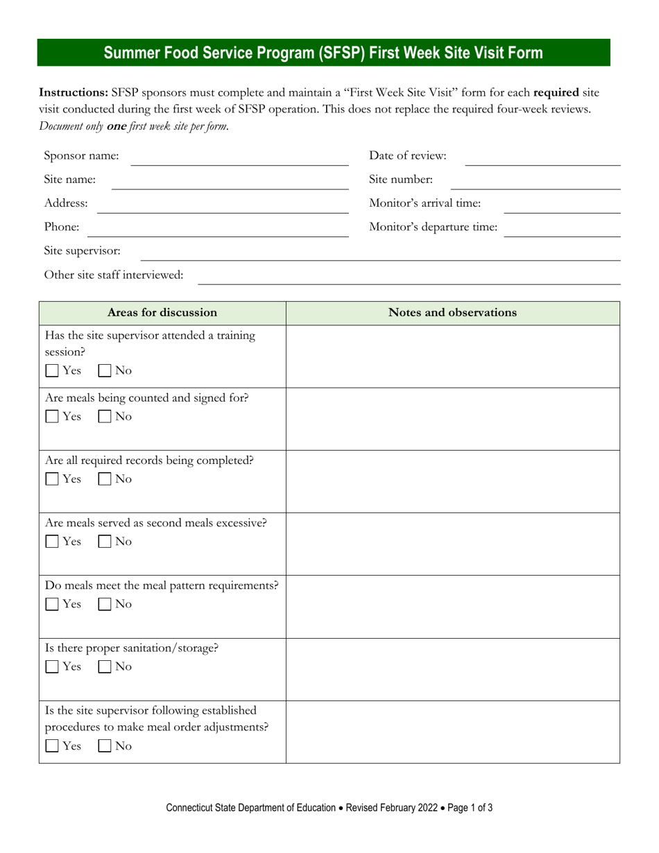 Summer Food Service Program (Sfsp) First Week Site Visit Form - Connecticut, Page 1