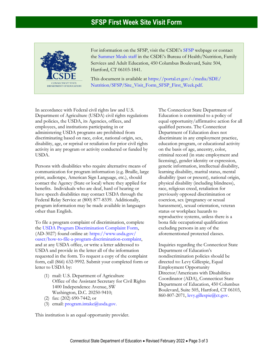 Summer Food Service Program (Sfsp) First Week Site Visit Form - Connecticut, Page 3