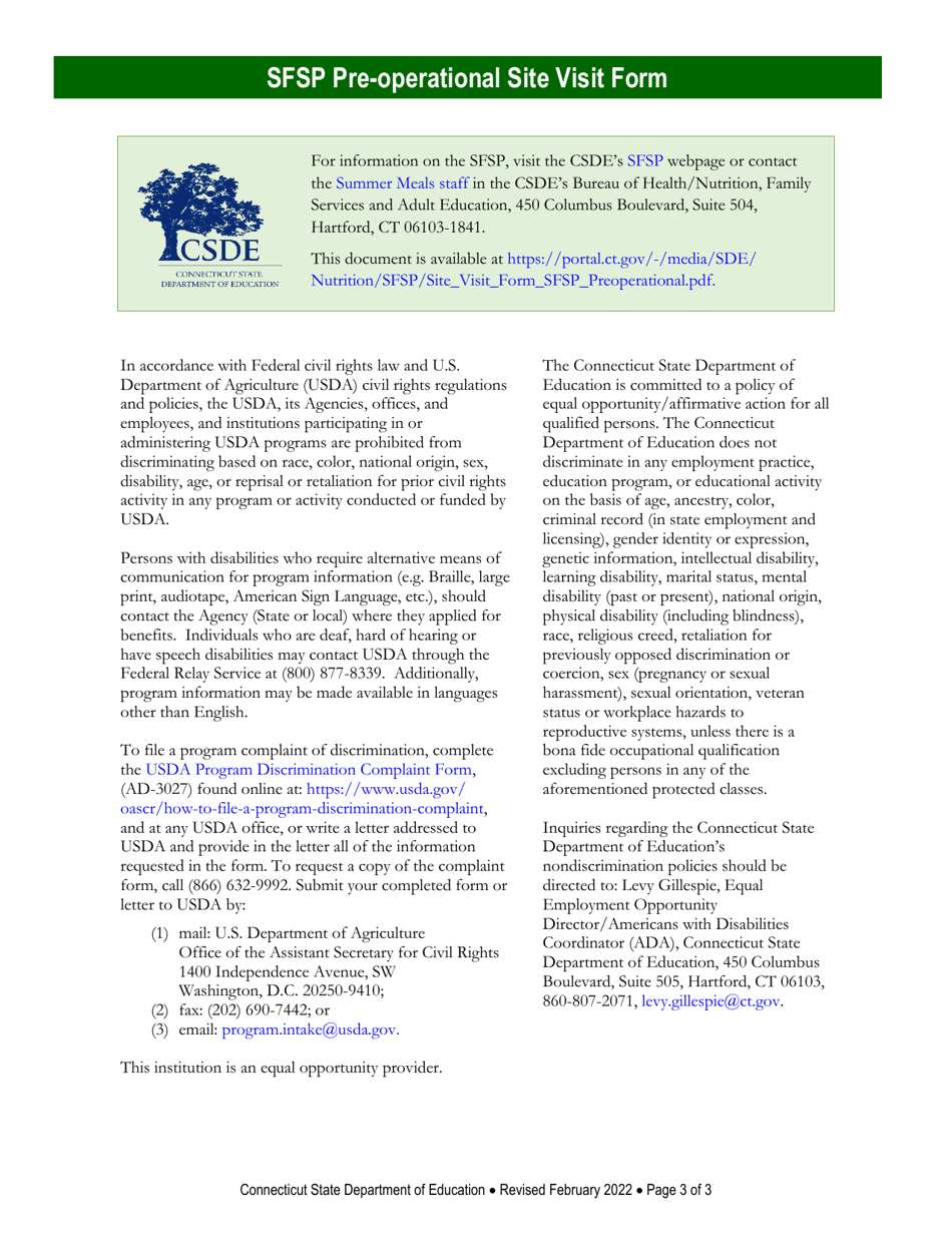 Pre-operational Site Visit Form - Summer Food Service Program (Sfsp) - Connecticut, Page 3