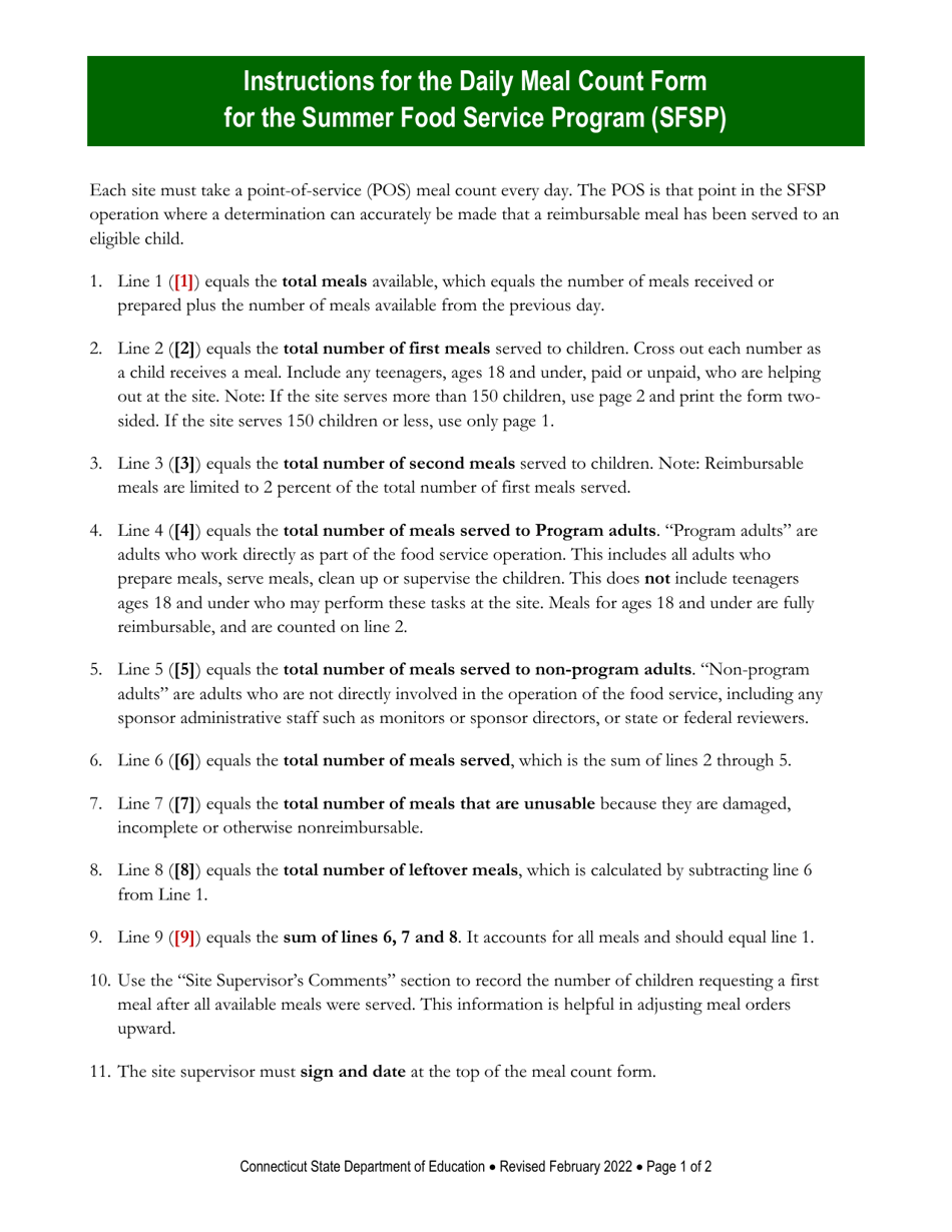 Daily Meal Count Form for the Summer Food Service Program (Sfsp) - Connecticut, Page 3