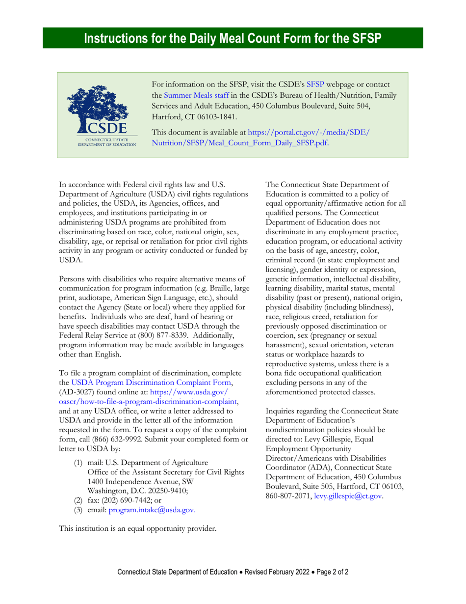 Daily Meal Count Form for the Summer Food Service Program (Sfsp) - Connecticut, Page 4