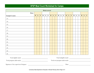 Summer Food Service Program (Sfsp) Meal Count Worksheet for Camps - Connecticut, Page 2