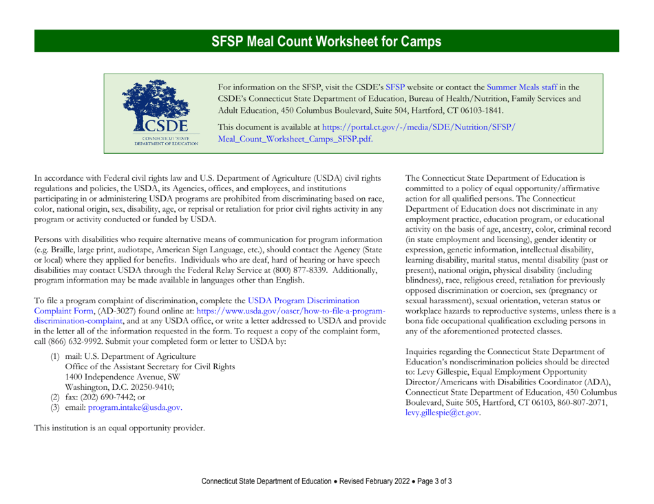 Summer Food Service Program (Sfsp) Meal Count Worksheet for Camps - Connecticut, Page 3