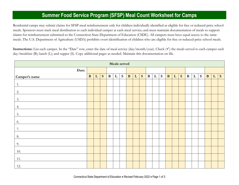 Summer Food Service Program (Sfsp) Meal Count Worksheet for Camps - Connecticut Download Pdf