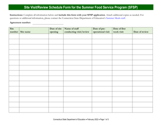 Site Visit/Review Schedule Form for the Summer Food Service Program (Sfsp) - Connecticut