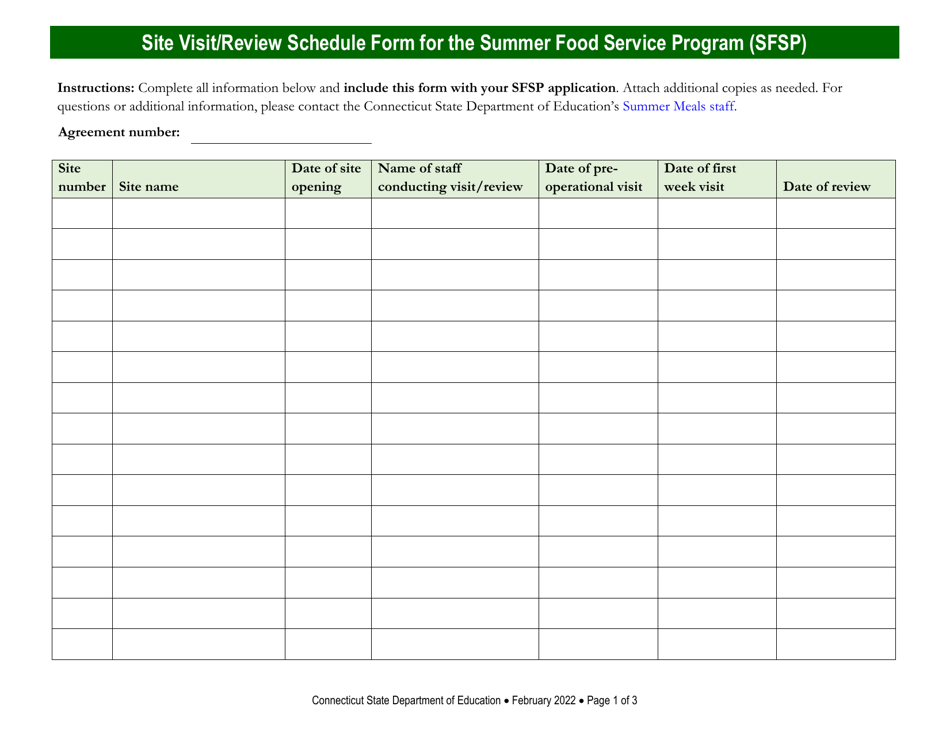 Site Visit / Review Schedule Form for the Summer Food Service Program (Sfsp) - Connecticut, Page 1
