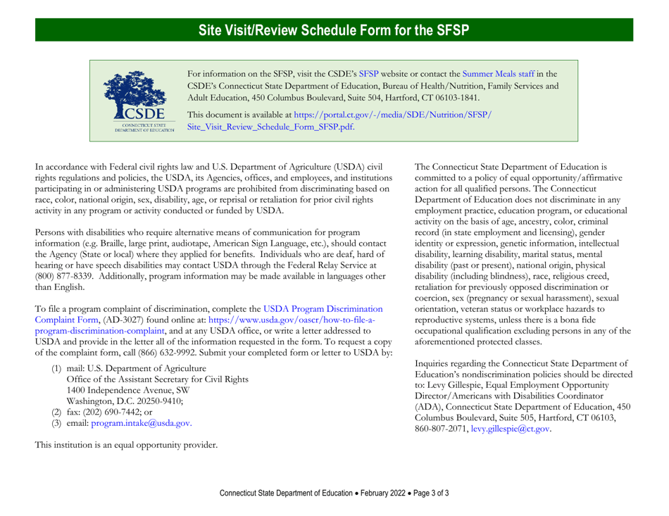 Site Visit / Review Schedule Form for the Summer Food Service Program (Sfsp) - Connecticut, Page 3