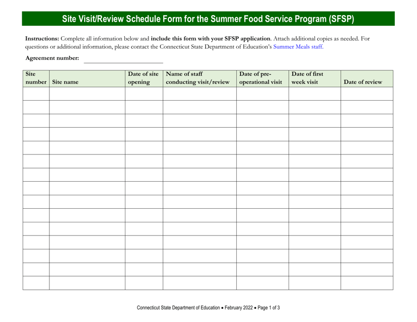 Site Visit / Review Schedule Form for the Summer Food Service Program (Sfsp) - Connecticut Download Pdf