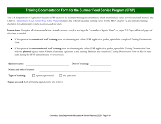 Training Documentation Form for the Summer Food Service Program (Sfsp) - Connecticut